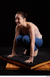 Whole Body Woman White Jeans Average Kneeling Top Studio photo references